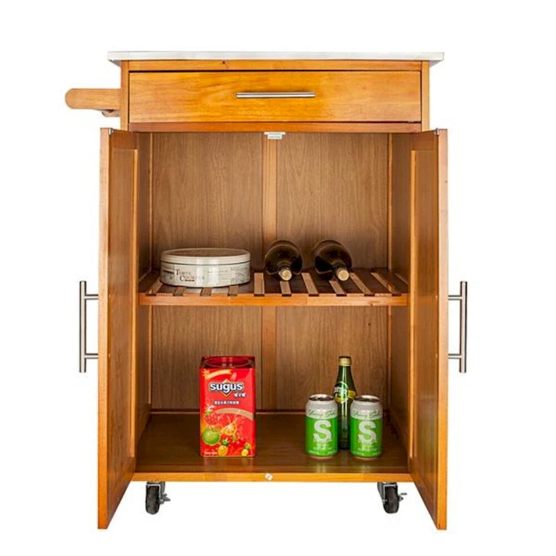 Desserte de cuisine mobile avec plateau en acier inoxydable, un tiroir et un placard Sapele – (28.74 x 18.90 x 35.04)