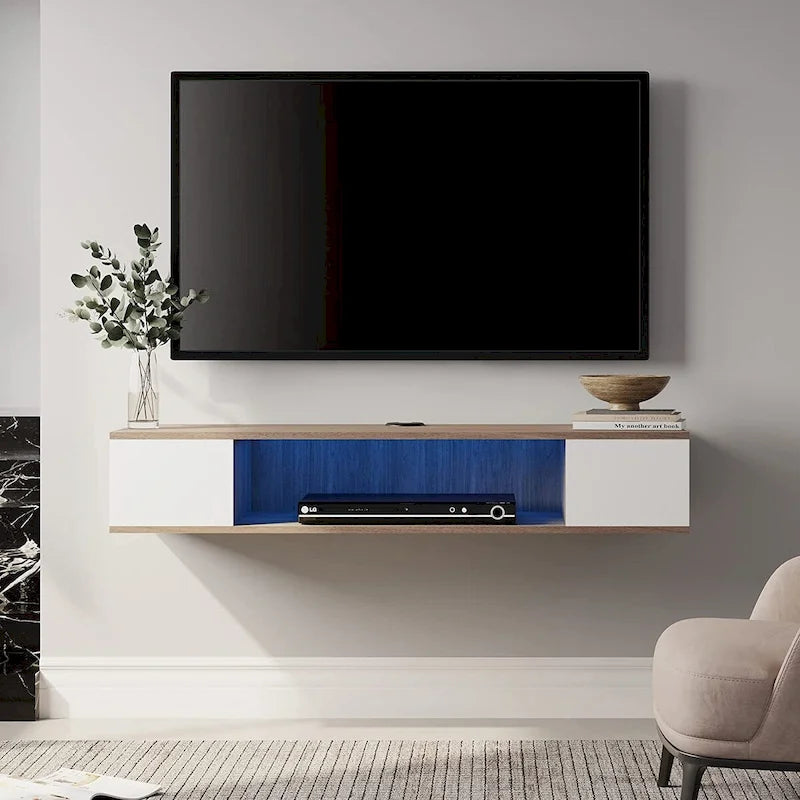 Meuble TV flottant FITUEYES, meuble TV mural, console multimédia, étagère murale en bois pour TV, gris et blanc crème