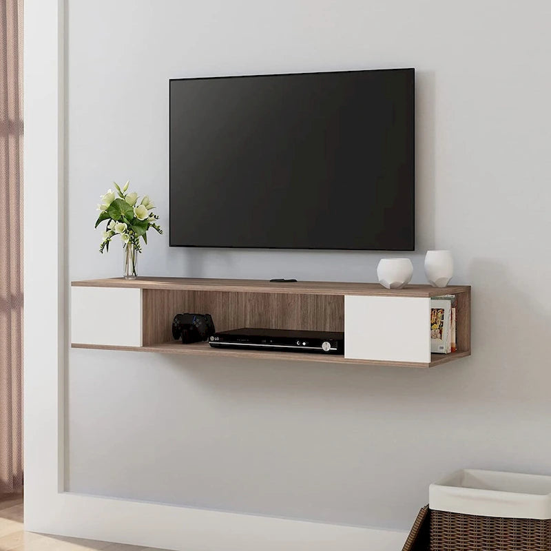 Meuble TV flottant FITUEYES, meuble TV mural, console multimédia, étagère murale en bois pour TV, gris et blanc crème