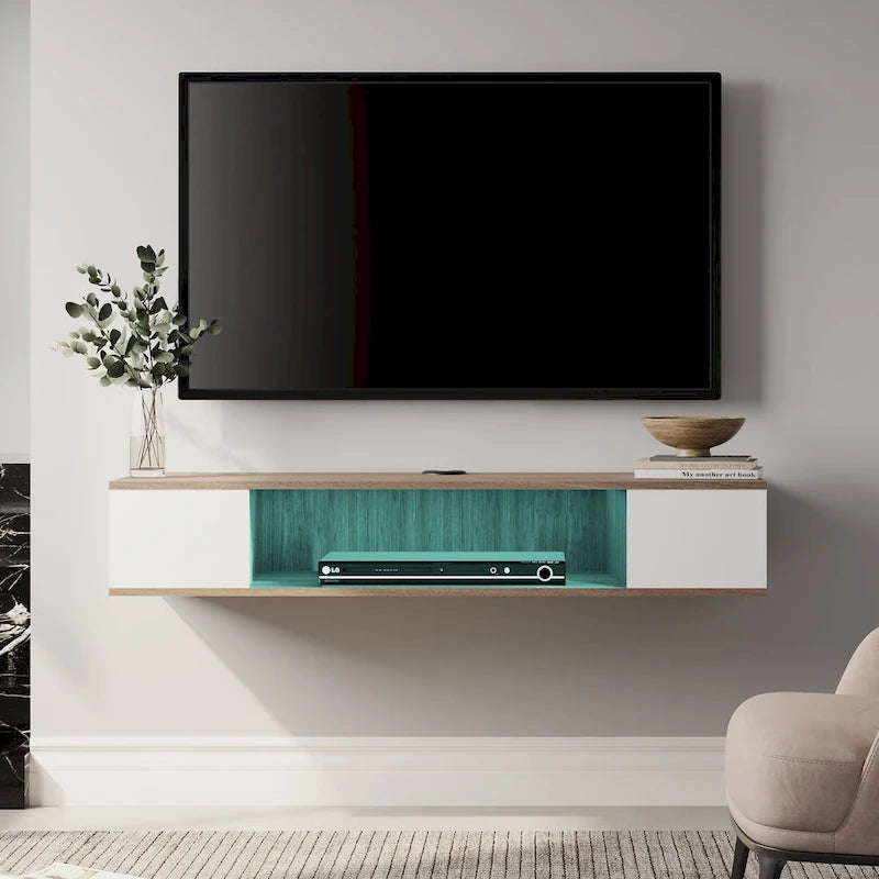 Meuble TV flottant FITUEYES, meuble TV mural, console multimédia, étagère murale en bois pour TV, gris et blanc crème