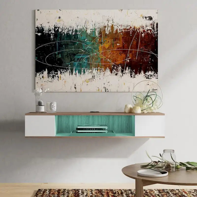Meuble TV flottant FITUEYES, meuble TV mural, console multimédia, étagère murale en bois pour TV, gris et blanc crème