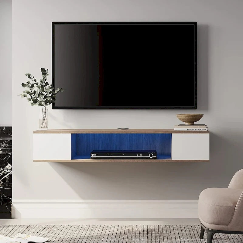 Meuble TV flottant FITUEYES, meuble TV mural, console multimédia, étagère murale en bois pour TV, gris et blanc crème