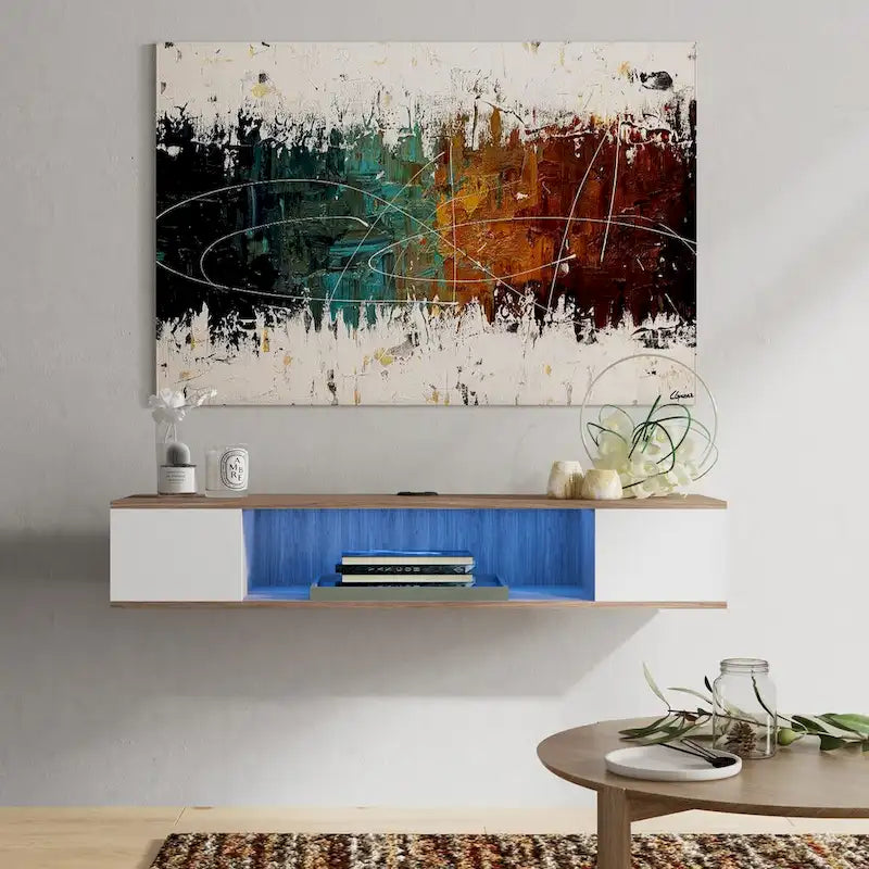Meuble TV flottant FITUEYES, meuble TV mural, console multimédia, étagère murale en bois pour TV, gris et blanc crème