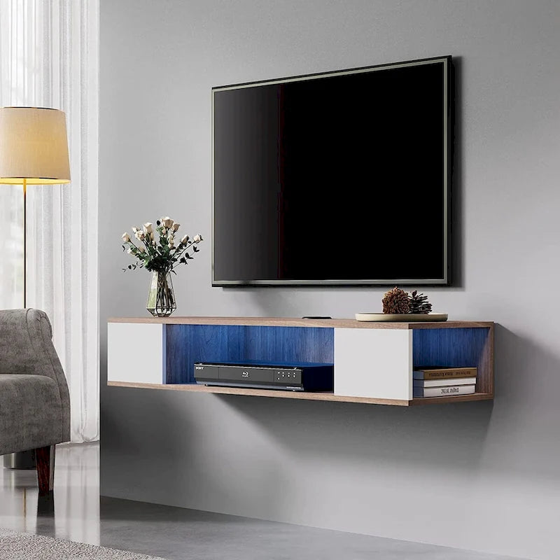 Meuble TV flottant FITUEYES, meuble TV mural, console multimédia, étagère murale en bois pour TV, gris et blanc crème