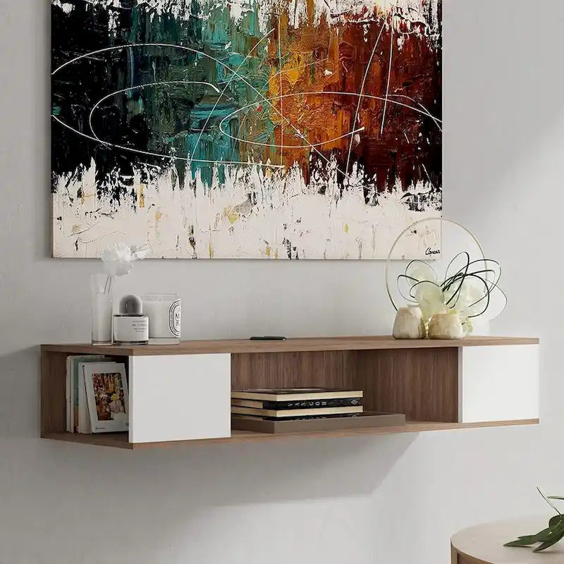 Meuble TV flottant FITUEYES, meuble TV mural, console multimédia, étagère murale en bois pour TV, gris et blanc crème