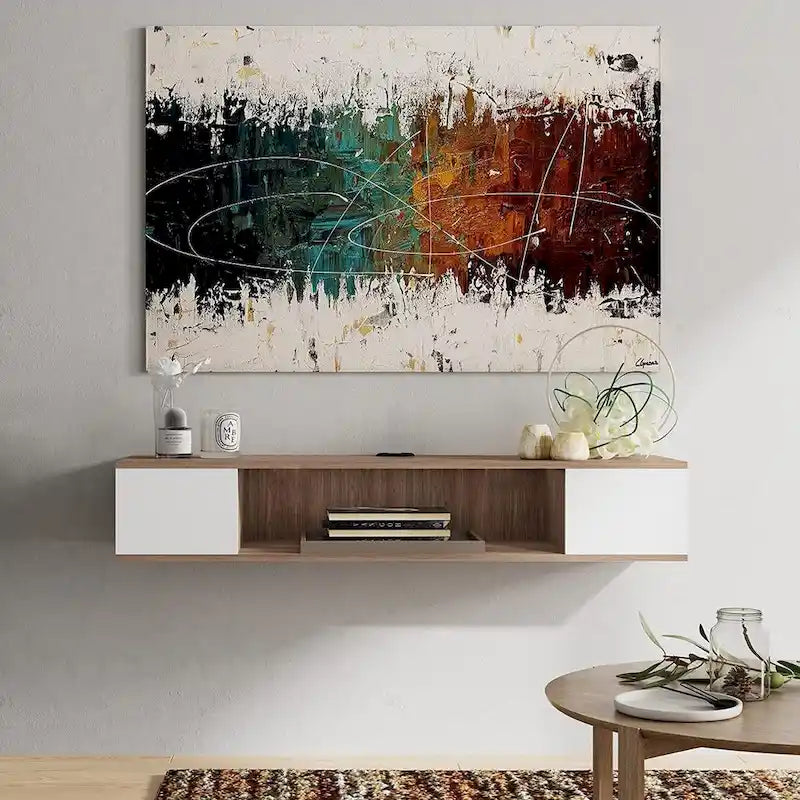 Meuble TV flottant FITUEYES, meuble TV mural, console multimédia, étagère murale en bois pour TV, gris et blanc crème