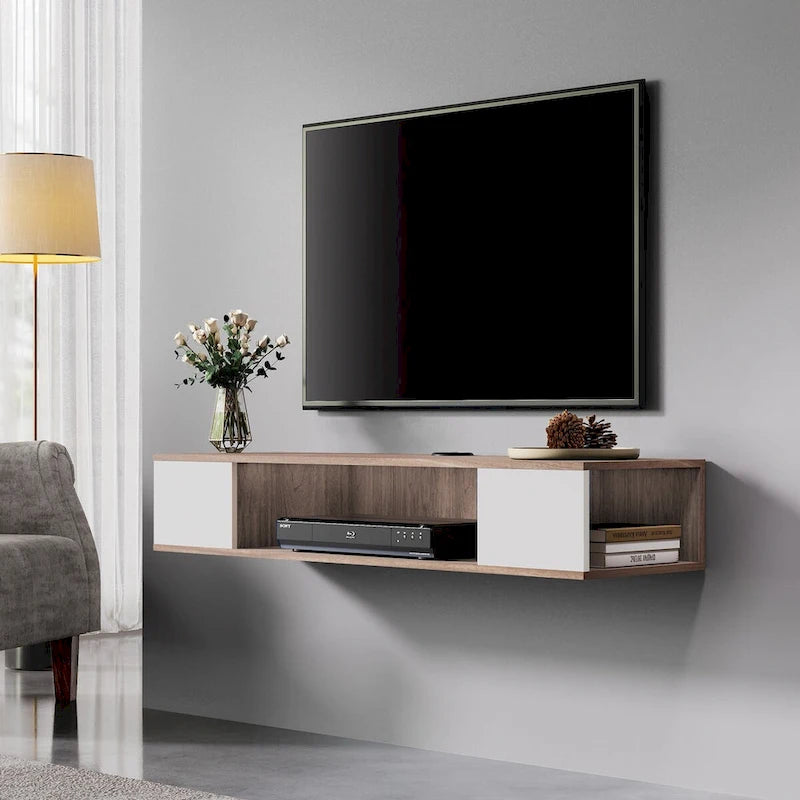 Meuble TV flottant FITUEYES, meuble TV mural, console multimédia, étagère murale en bois pour TV, gris et blanc crème