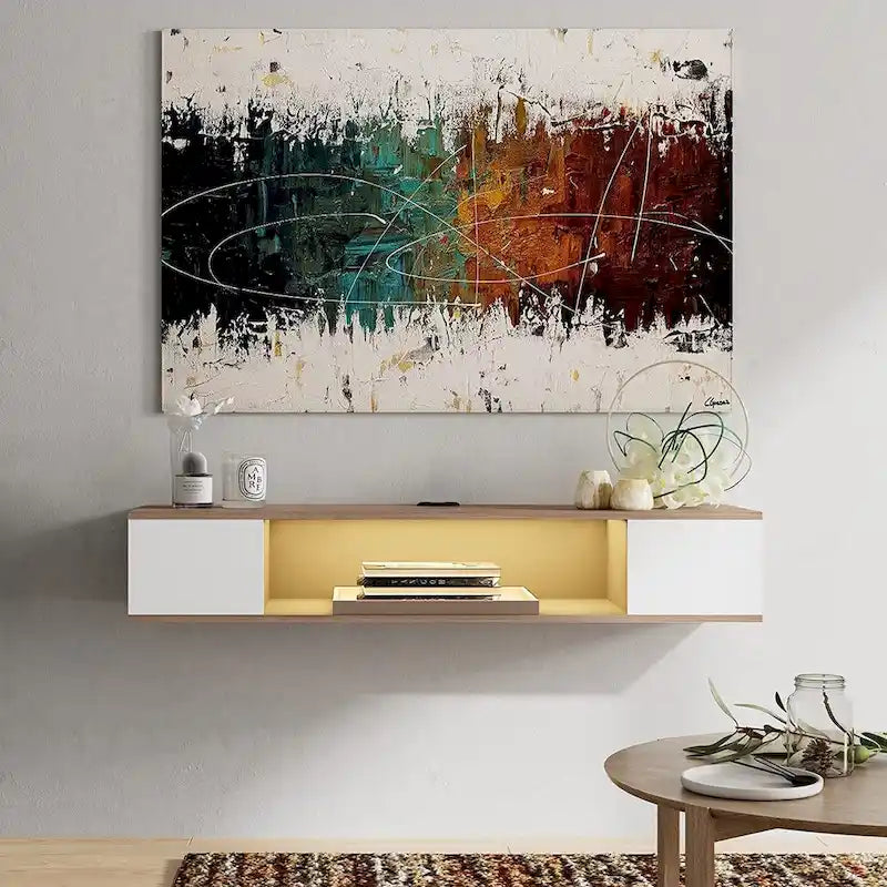 Meuble TV flottant FITUEYES, meuble TV mural, console multimédia, étagère murale en bois pour TV, gris et blanc crème