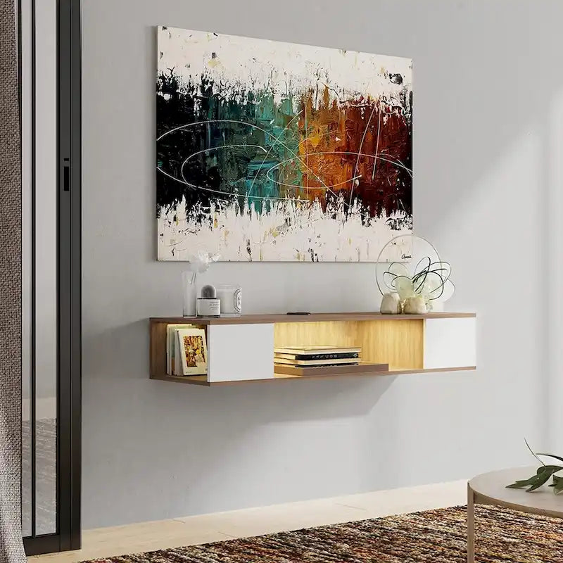 Meuble TV flottant FITUEYES, meuble TV mural, console multimédia, étagère murale en bois pour TV, gris et blanc crème