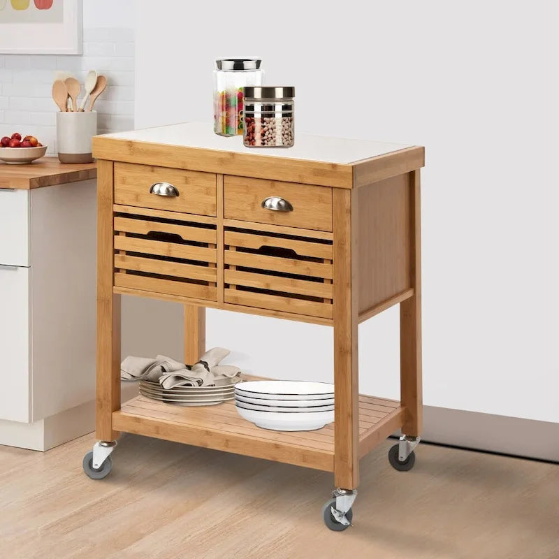 Desserte de cuisine en bambou de 91 cm avec 2 tiroirs et plateau en acier inoxydable, marron – 56 L x 74 l x 91 H cm