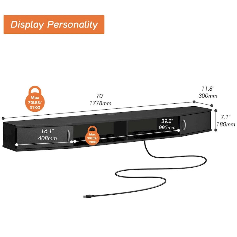 FITUEYES Console TV Murale Flottante Étagère de Rangement Meuble TV Moderne Meuble Télévision, Noyer DS211802WW - 70
