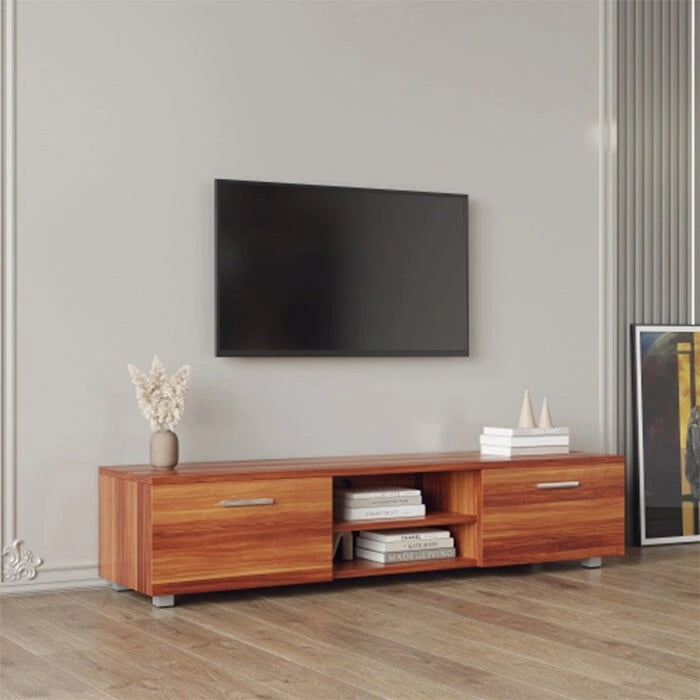 Meuble TV de ferme en noyer, 2 armoires de rangement, console média avec étagères ouvertes