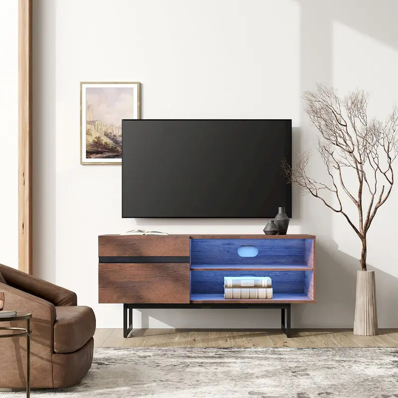Meuble TV moderne WAMPAT pour téléviseur jusqu'à 55 pouces avec placards de rangement