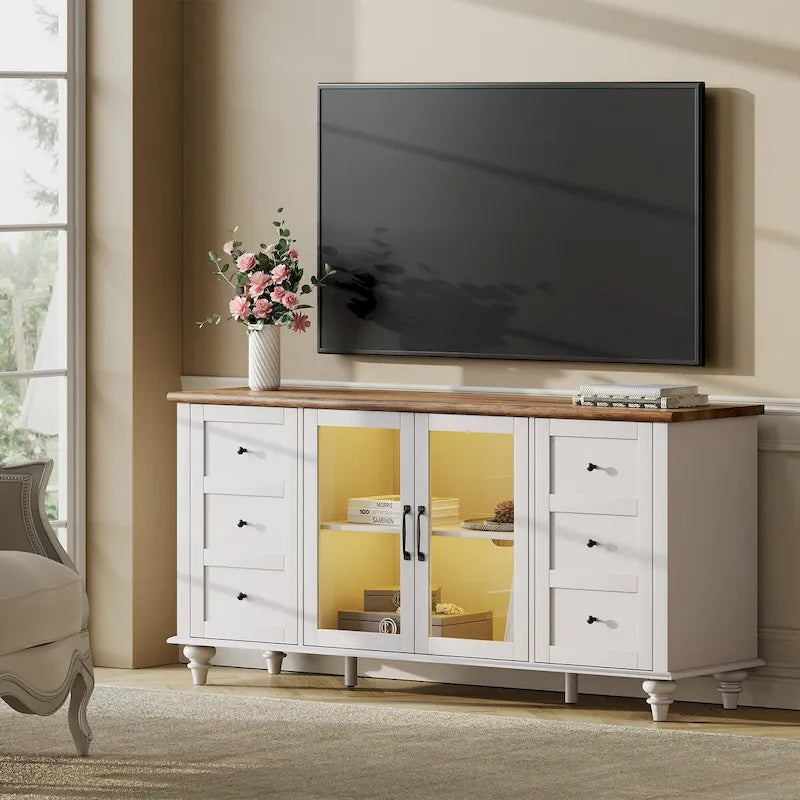 Meuble TV WAMPAT de style rustique avec portes coulissantes en bois de grange, meuble de rangement, console multimédia pour téléviseurs jusqu'à 65 pouces