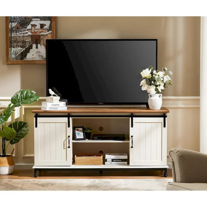 Meuble TV WAMPAT de style rustique avec portes coulissantes en bois de grange, meuble de rangement, console multimédia pour téléviseurs jusqu'à 65 pouces
