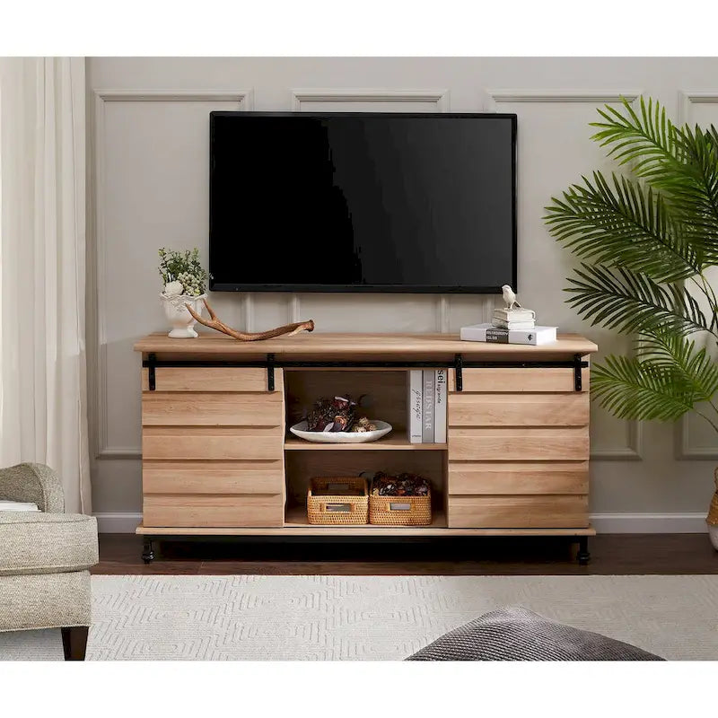 Meuble TV WAMPAT de style rustique avec portes coulissantes en bois de grange, meuble de rangement, console multimédia pour téléviseurs jusqu'à 65 pouces