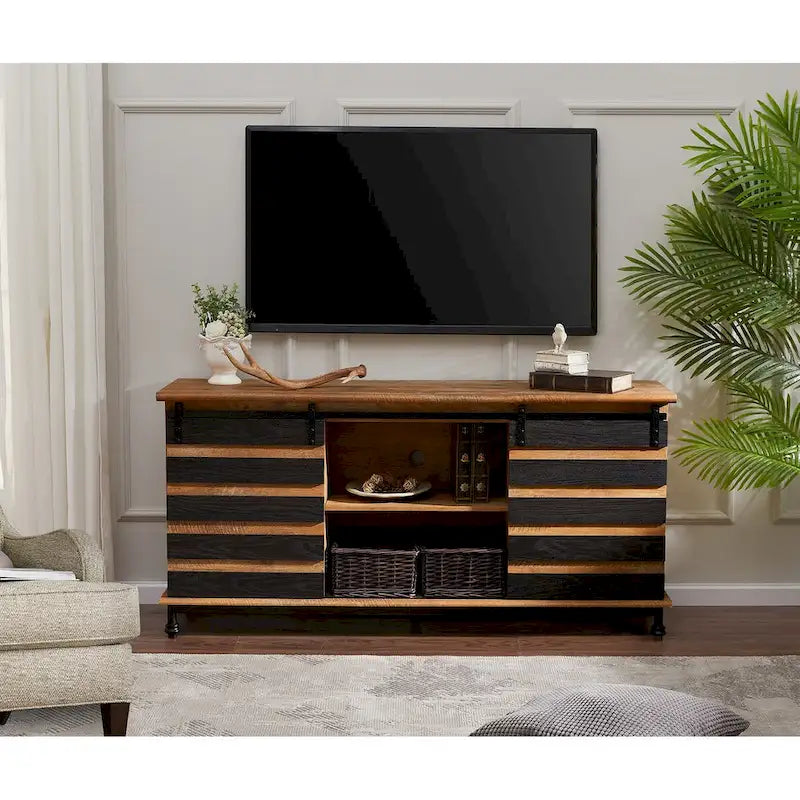 Meuble TV WAMPAT de style rustique avec portes coulissantes en bois de grange, meuble de rangement, console multimédia pour téléviseurs jusqu'à 65 pouces