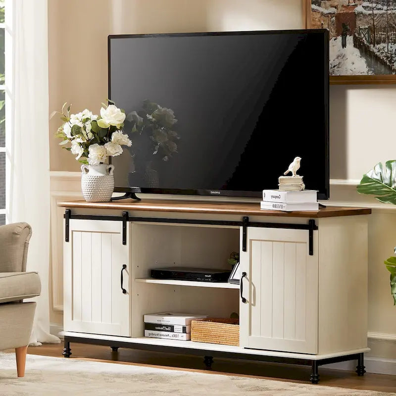 Meuble TV WAMPAT de style rustique avec portes coulissantes en bois de grange, meuble de rangement, console multimédia pour téléviseurs jusqu'à 65 pouces