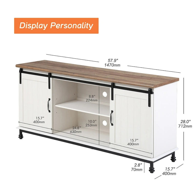 Meuble TV WAMPAT de style rustique avec portes coulissantes en bois de grange, meuble de rangement, console multimédia pour téléviseurs jusqu'à 65 pouces