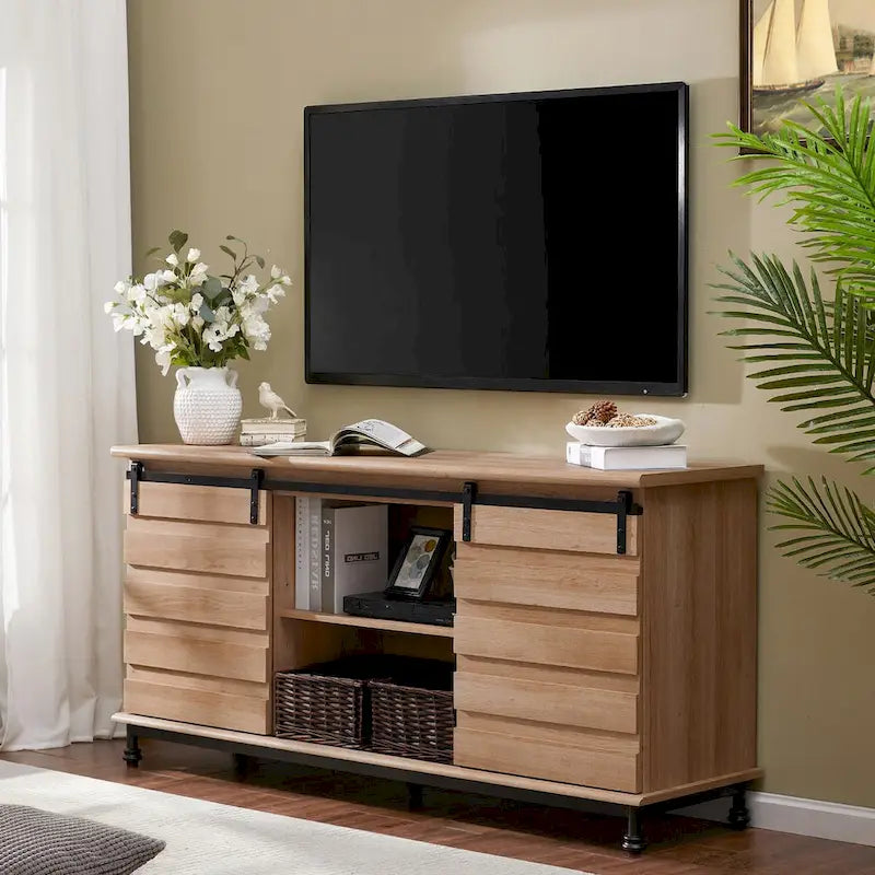 Meuble TV WAMPAT de style rustique avec portes coulissantes en bois de grange, meuble de rangement, console multimédia pour téléviseurs jusqu'à 65 pouces