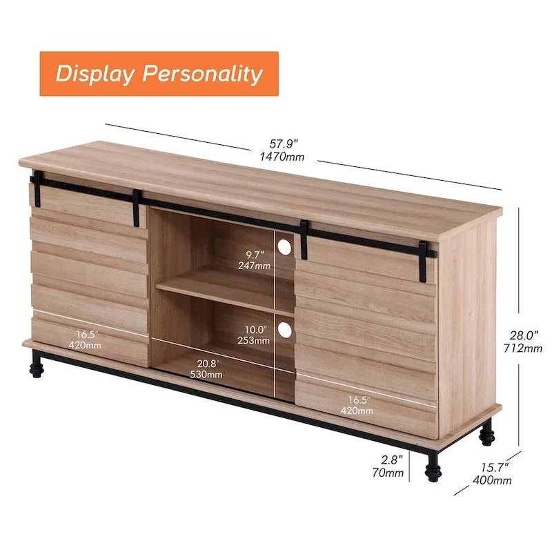 Meuble TV WAMPAT de style rustique avec portes coulissantes en bois de grange, meuble de rangement, console multimédia pour téléviseurs jusqu'à 65 pouces
