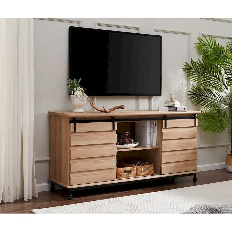 Meuble TV WAMPAT de style rustique avec portes coulissantes en bois de grange, meuble de rangement, console multimédia pour téléviseurs jusqu'à 65 pouces