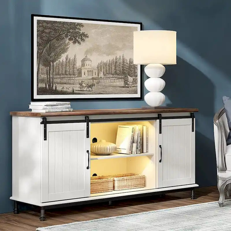 Meuble TV WAMPAT de style rustique avec portes coulissantes en bois de grange, meuble de rangement, console multimédia pour téléviseurs jusqu'à 65 pouces