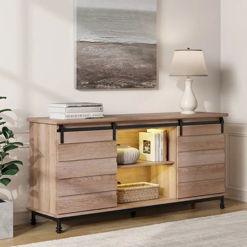 Meuble TV WAMPAT de style rustique avec portes coulissantes en bois de grange, meuble de rangement, console multimédia pour téléviseurs jusqu'à 65 pouces