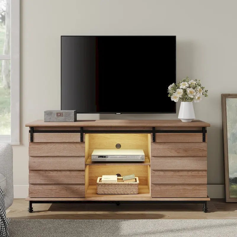 Meuble TV WAMPAT de style rustique avec portes coulissantes en bois de grange, meuble de rangement, console multimédia pour téléviseurs jusqu'à 65 pouces