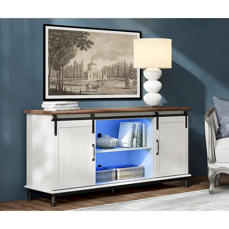 Meuble TV WAMPAT de style rustique avec portes coulissantes en bois de grange, meuble de rangement, console multimédia pour téléviseurs jusqu'à 65 pouces