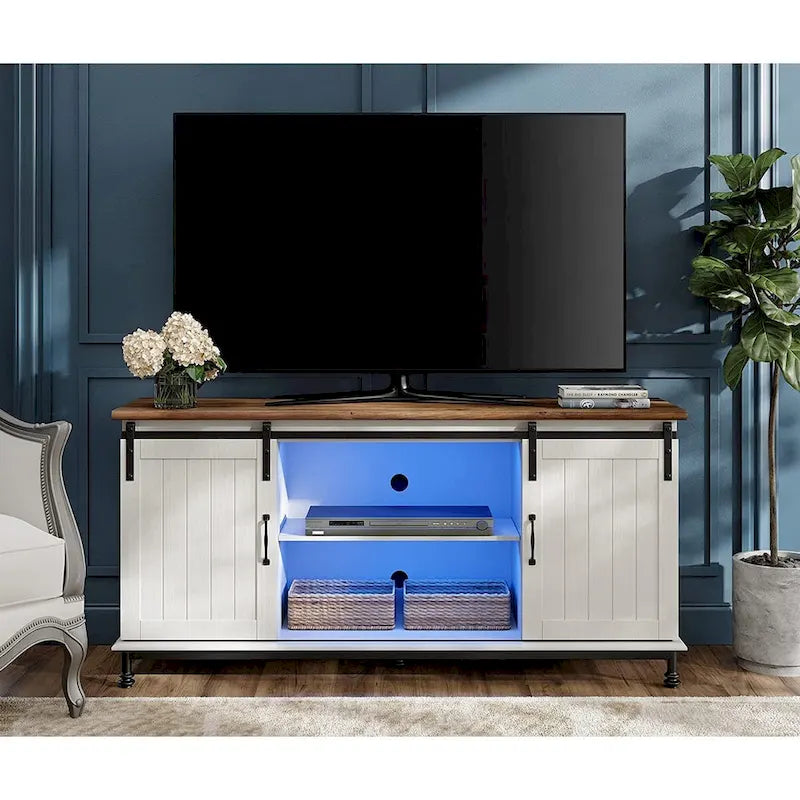 Meuble TV WAMPAT de style rustique avec portes coulissantes en bois de grange, meuble de rangement, console multimédia pour téléviseurs jusqu'à 65 pouces