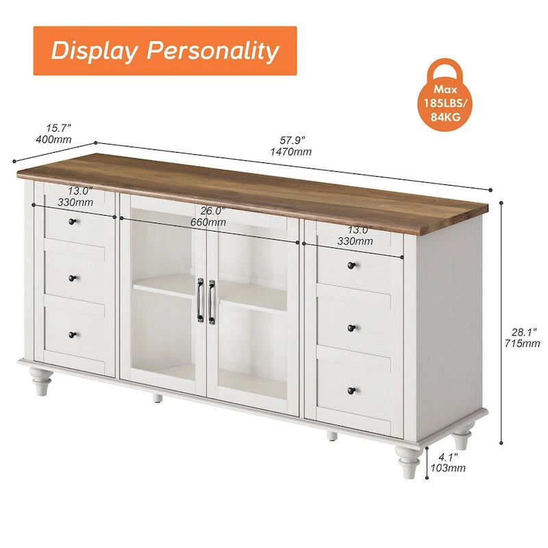 Meuble TV WAMPAT de style rustique avec portes coulissantes en bois de grange, meuble de rangement, console multimédia pour téléviseurs jusqu'à 65 pouces