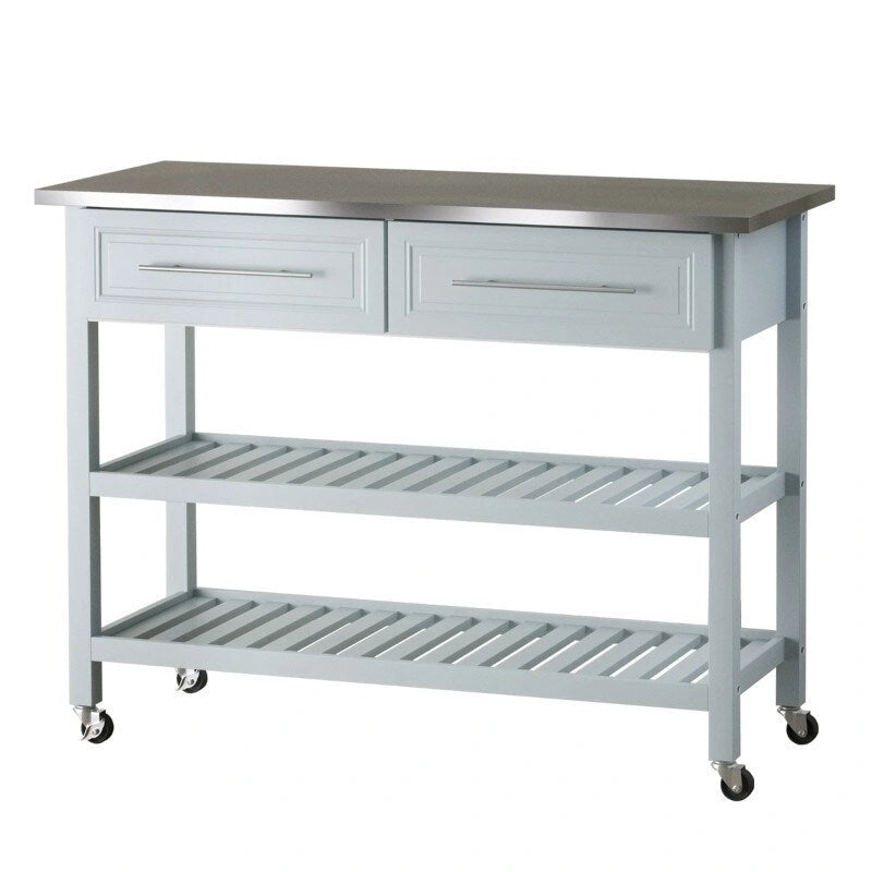 Îlot de cuisine roulant gris clair 2 tiroirs de rangement avec dessus en acier inoxydable - 120 cm L x 50 cm l x 91,5 cm H