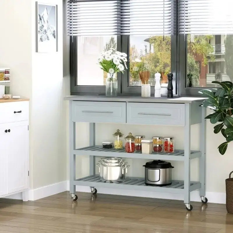 Îlot de cuisine roulant gris clair 2 tiroirs de rangement avec dessus en acier inoxydable - 120 cm L x 50 cm l x 91,5 cm H