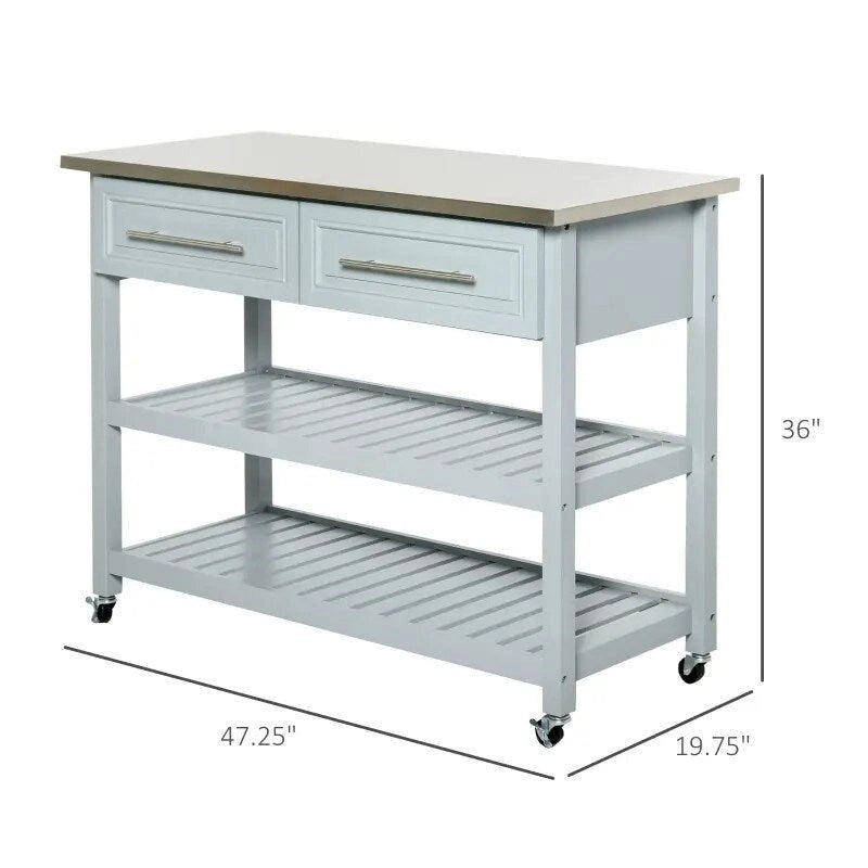 Îlot de cuisine roulant gris clair 2 tiroirs de rangement avec dessus en acier inoxydable - 120 cm L x 50 cm l x 91,5 cm H