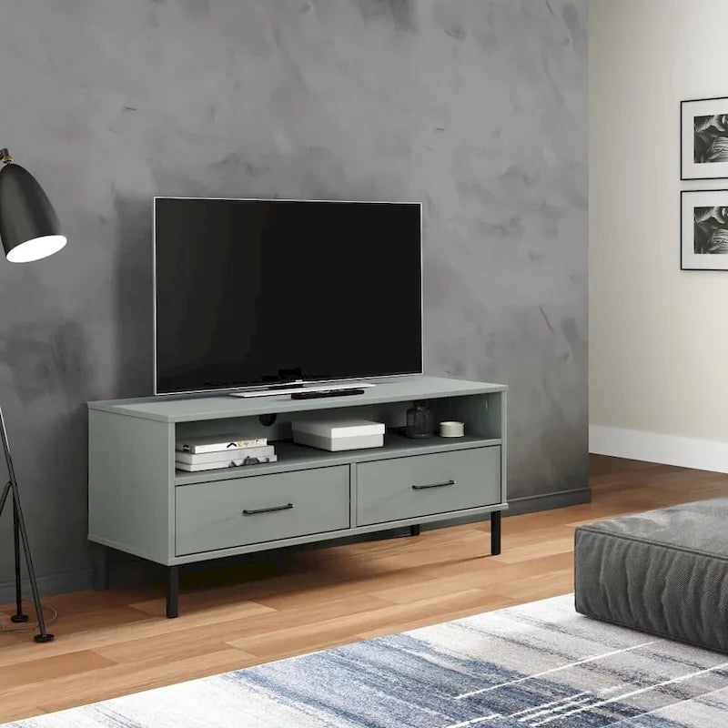 vidaXL Meuble TV Meuble console TV avec pieds en métal Bois massif Pin OSLO - 106 x 40 x 46,5 cm