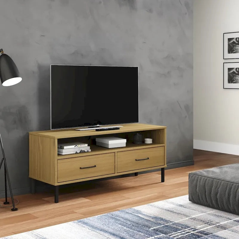 vidaXL Meuble TV Meuble console TV avec pieds en métal Bois massif Pin OSLO - 106 x 40 x 46,5 cm