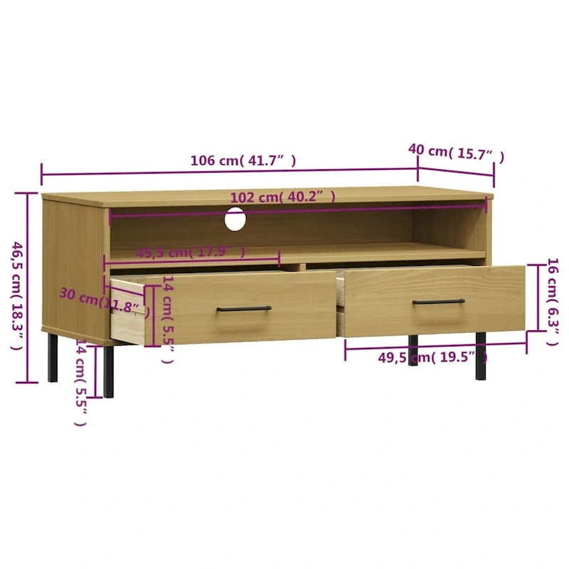 vidaXL Meuble TV Meuble console TV avec pieds en métal Bois massif Pin OSLO - 106 x 40 x 46,5 cm