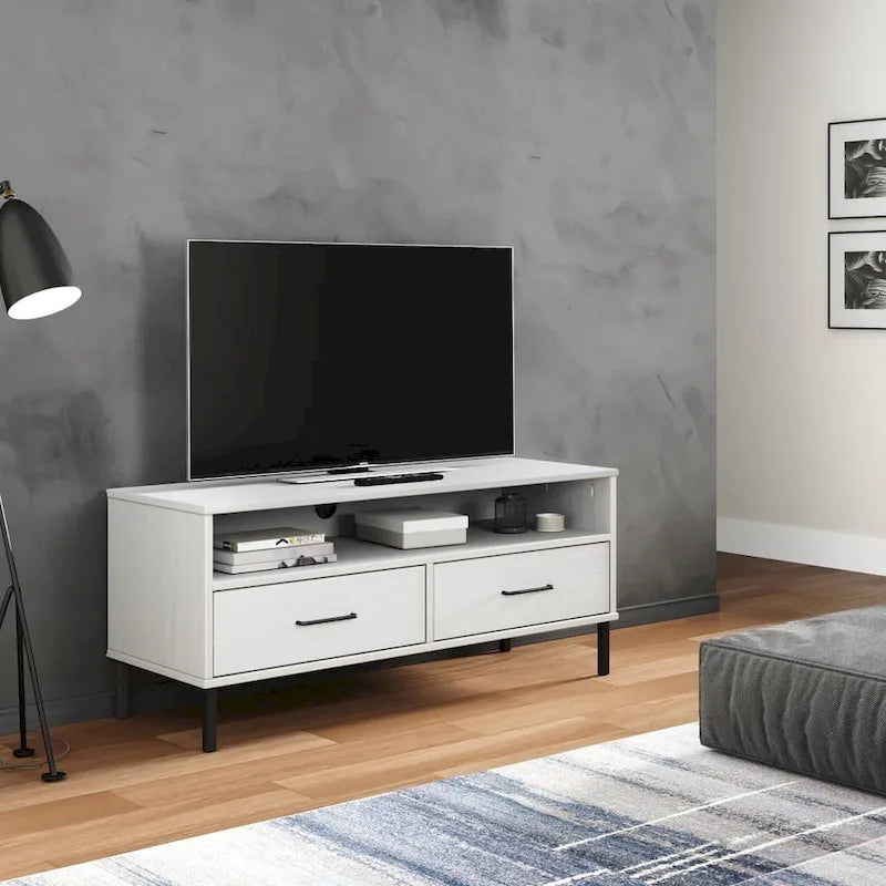 vidaXL Meuble TV Meuble console TV avec pieds en métal Bois massif Pin OSLO - 106 x 40 x 46,5 cm