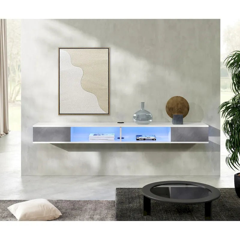 Meuble TV flottant WAMPAT 70, meuble TV mural pour salon et chambre à coucher, blanc et gris
