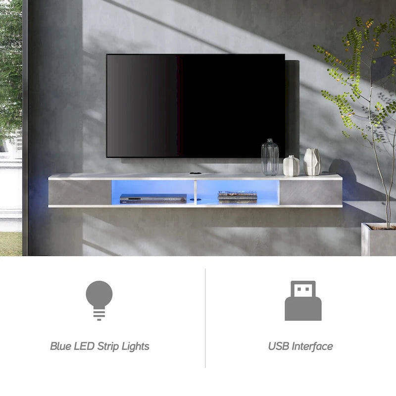 Meuble TV flottant WAMPAT 70, meuble TV mural pour salon et chambre à coucher, blanc et gris