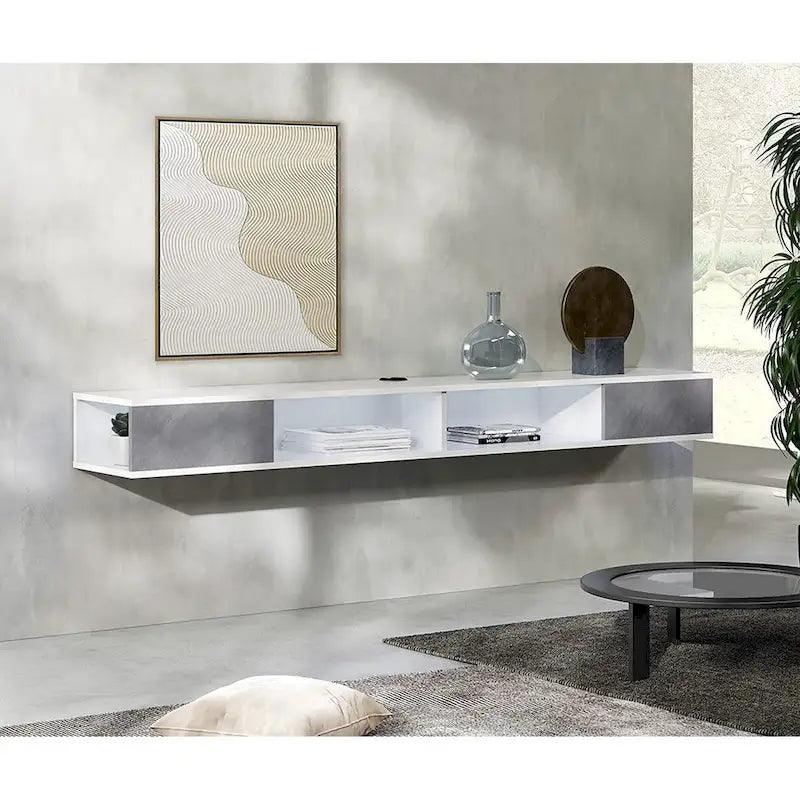Meuble TV flottant WAMPAT 70, meuble TV mural pour salon et chambre à coucher, blanc et gris