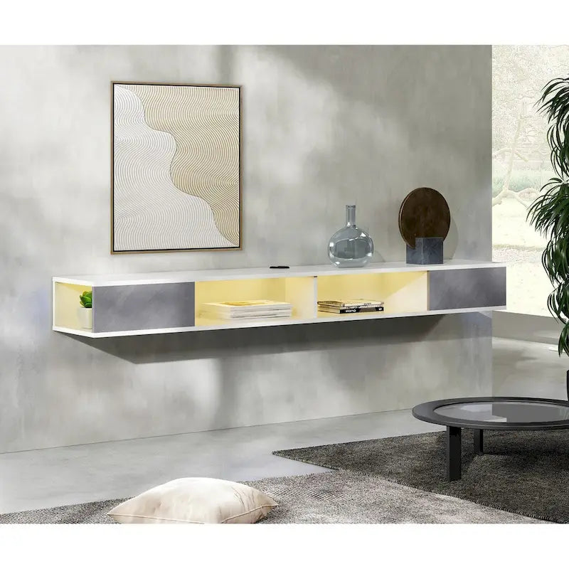 Meuble TV flottant WAMPAT 70, meuble TV mural pour salon et chambre à coucher, blanc et gris