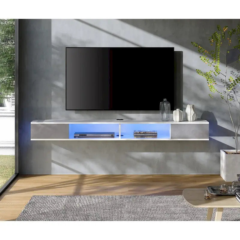 Meuble TV flottant WAMPAT 70, meuble TV mural pour salon et chambre à coucher, blanc et gris
