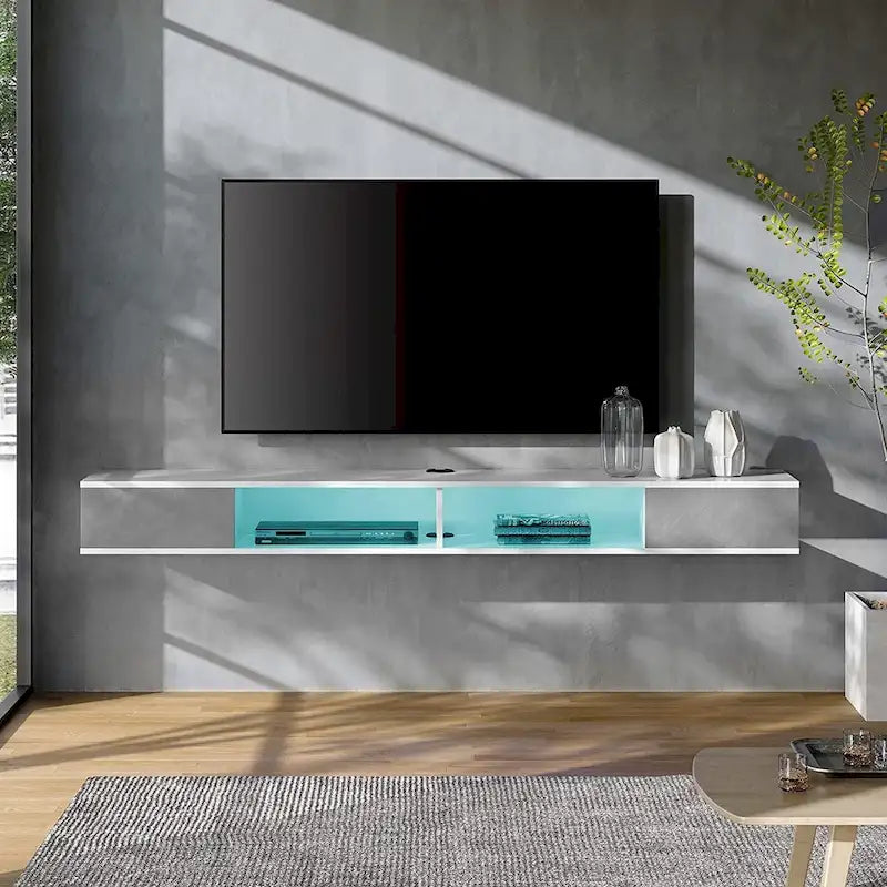 Meuble TV flottant WAMPAT 70, meuble TV mural pour salon et chambre à coucher, blanc et gris