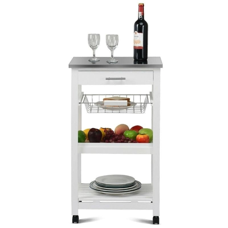 Chariot de cuisine blanc avec tiroir de rangement et dessus en acier inoxydable - 47 x 37 x 84 cm (L x l x H)