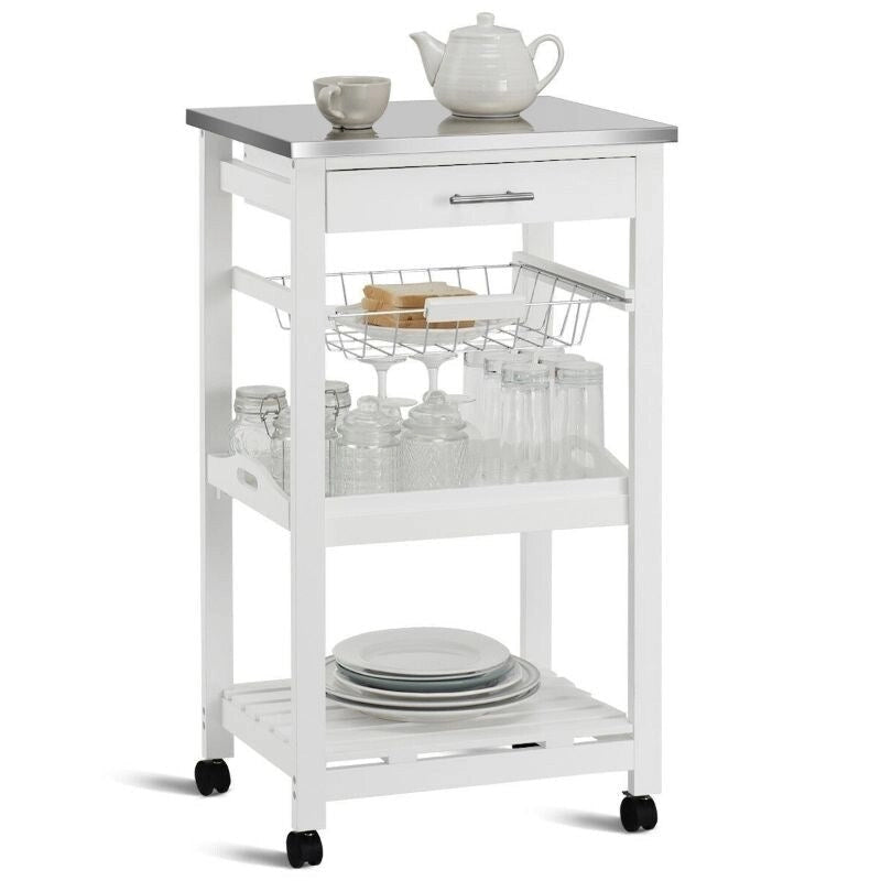 Chariot de cuisine blanc avec tiroir de rangement et dessus en acier inoxydable - 47 x 37 x 84 cm (L x l x H)