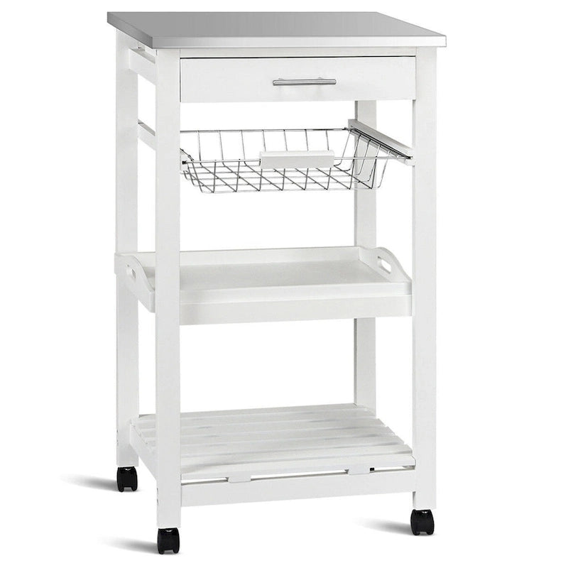 Chariot de cuisine blanc avec tiroir de rangement et dessus en acier inoxydable - 47 x 37 x 84 cm (L x l x H)