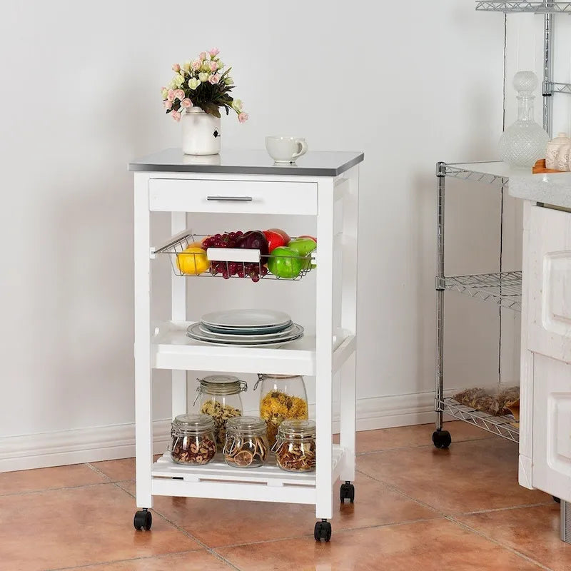 Chariot de cuisine blanc avec tiroir de rangement et dessus en acier inoxydable - 47 x 37 x 84 cm (L x l x H)