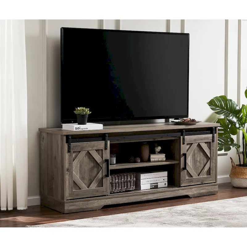 Meuble TV WAMPAT Farmhouse avec porte coulissante type « porte de grange »